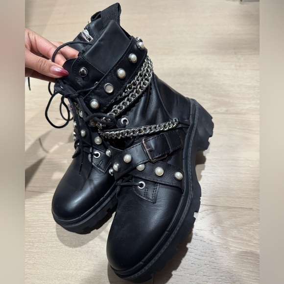 Zara Black Leather Combat Boots - Picture 6 of 8